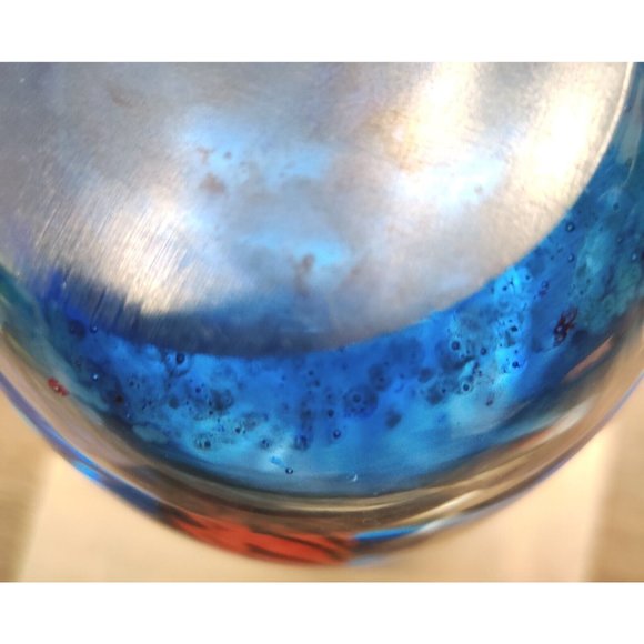 Vtg Murano? Cylinder Art Glass Ocean Fishes Vase Decor Cobalt Blue Rim 7x4" - Picture 6 of 10